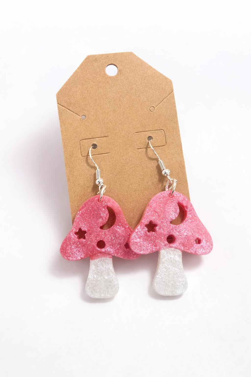 Red Glitter Mushroom Earrings with Celestial Cutouts – Whimsical Resin Jewelry