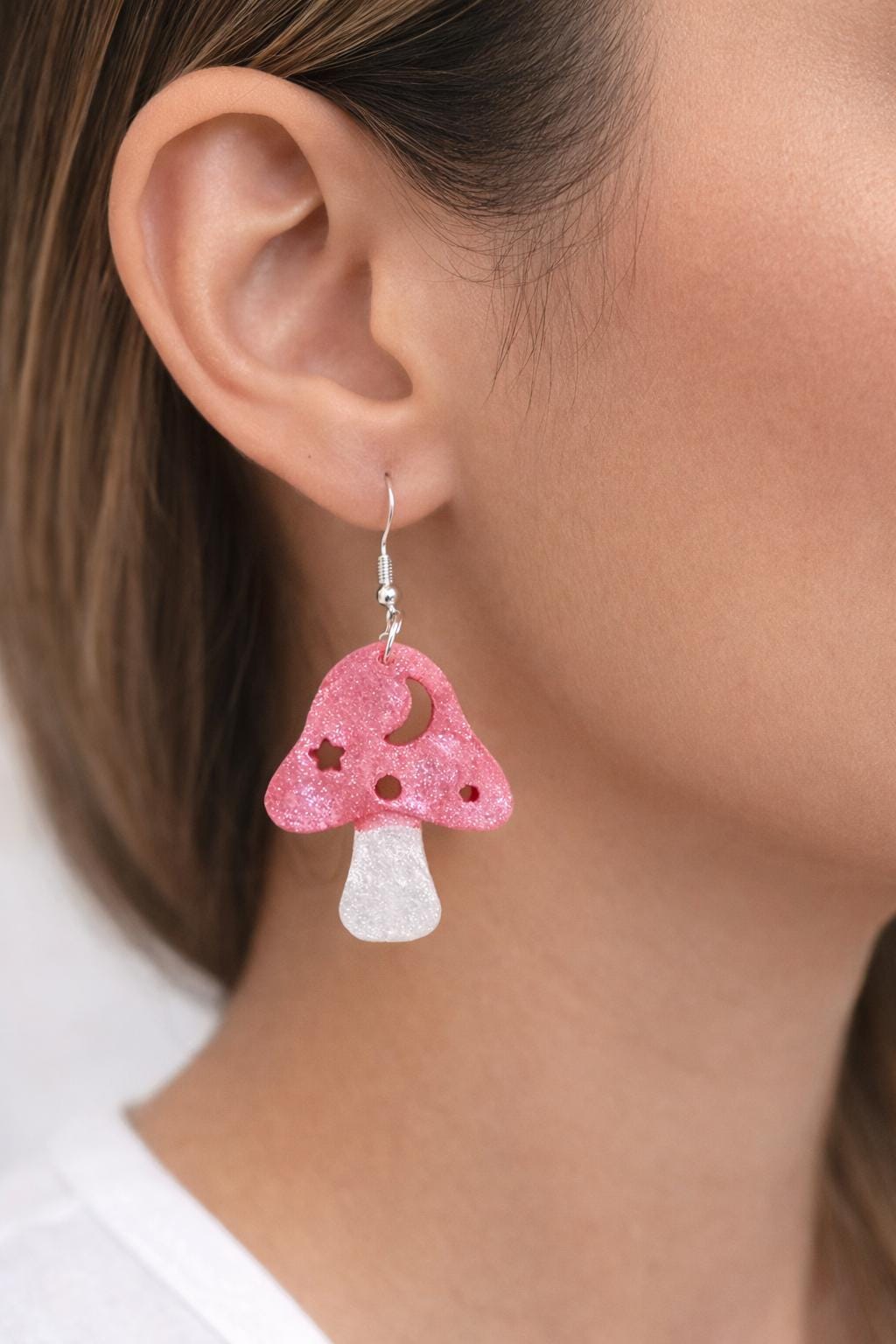 Red Glitter Mushroom Earrings with Celestial Cutouts – Whimsical Resin Jewelry