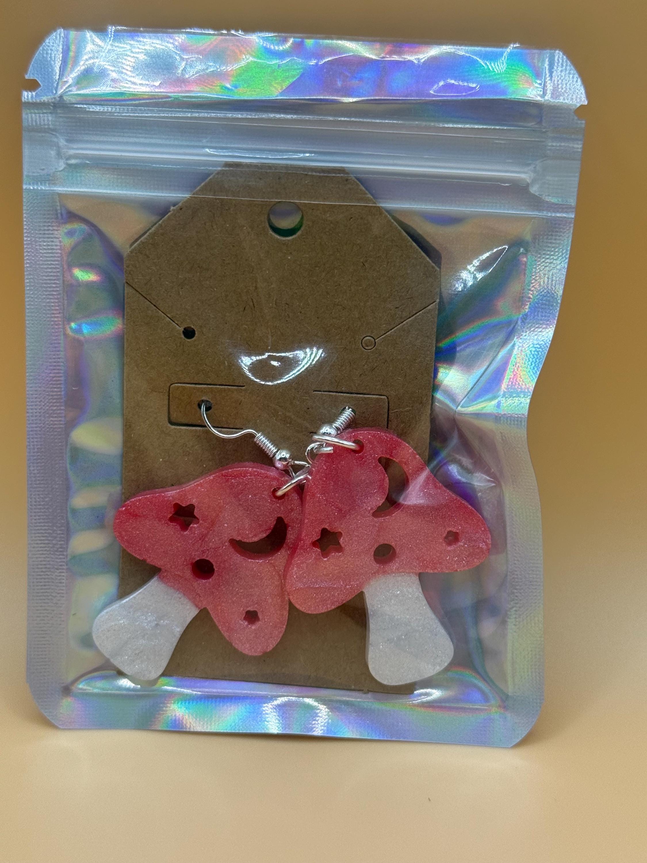 Red Glitter Mushroom Earrings with Celestial Cutouts – Whimsical Resin Jewelry