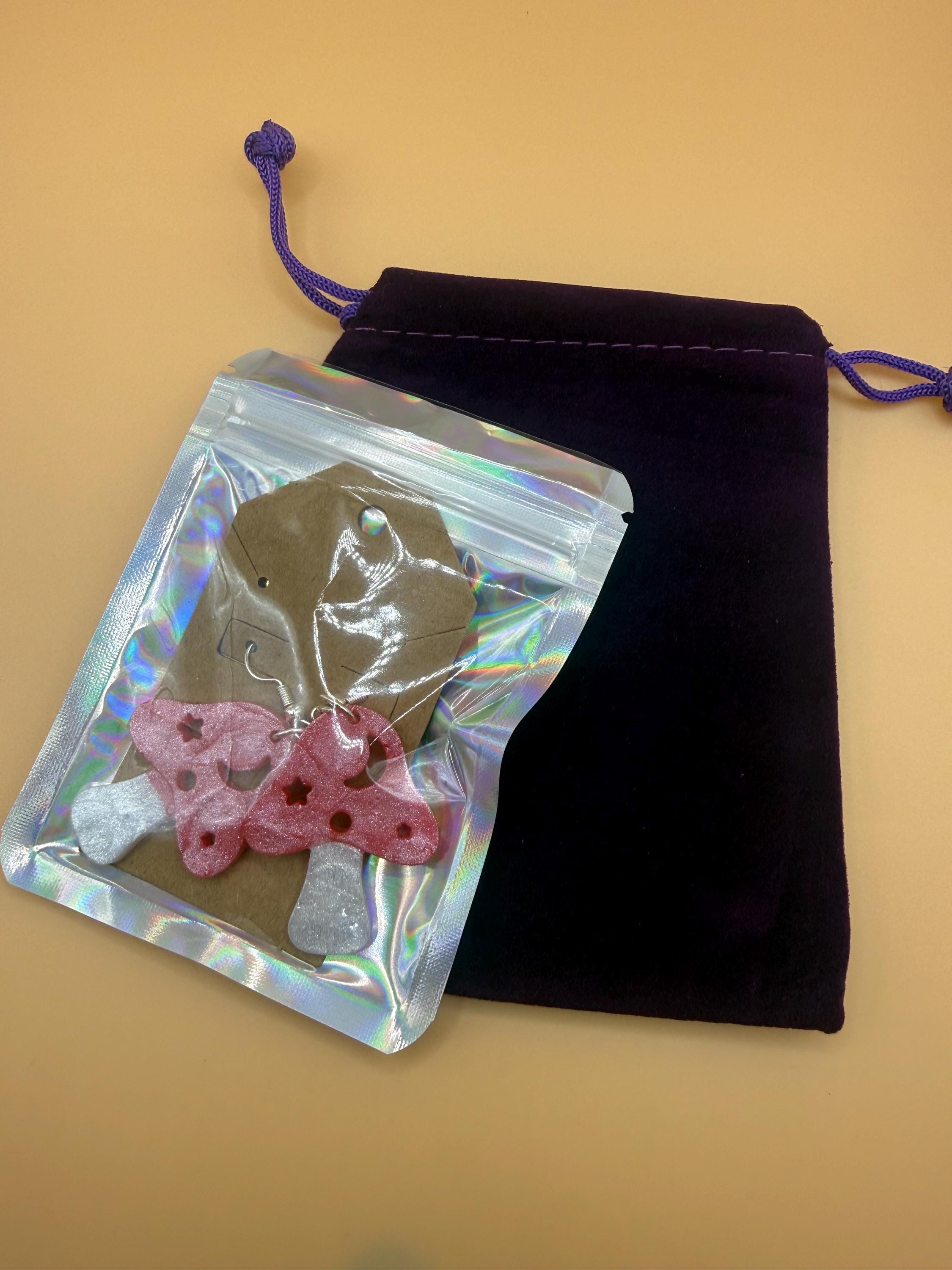 Red Glitter Mushroom Earrings with Celestial Cutouts – Whimsical Resin Jewelry