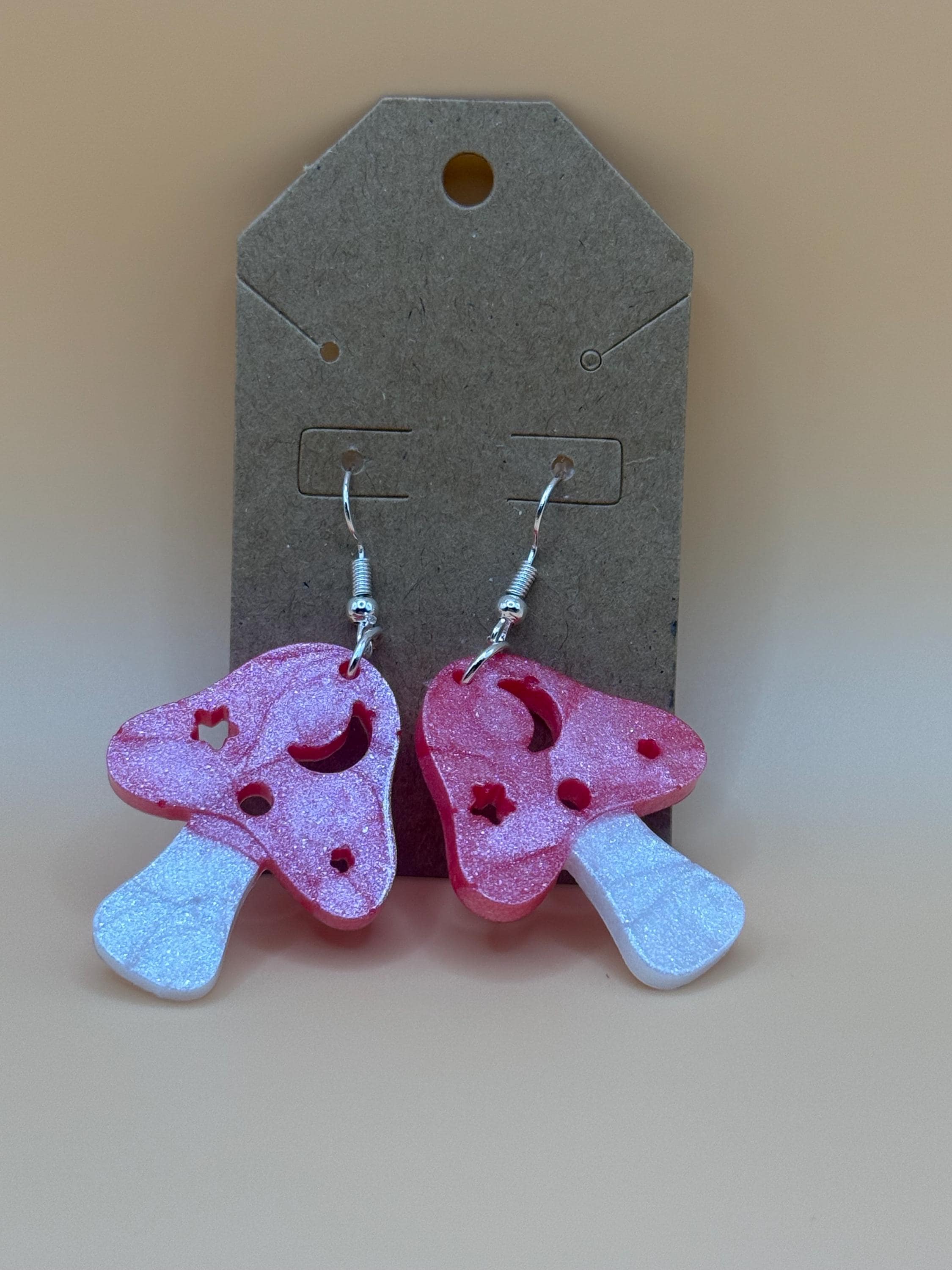 Red Glitter Mushroom Earrings with Celestial Cutouts – Whimsical Resin Jewelry