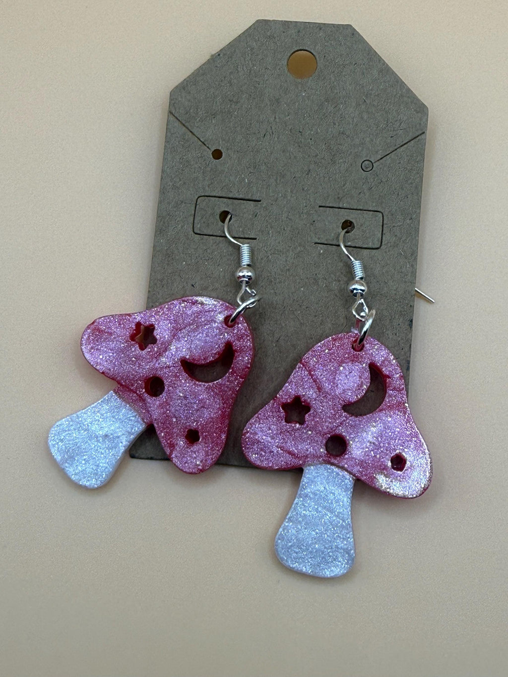 Red Glitter Mushroom Earrings with Celestial Cutouts – Whimsical Resin Jewelry