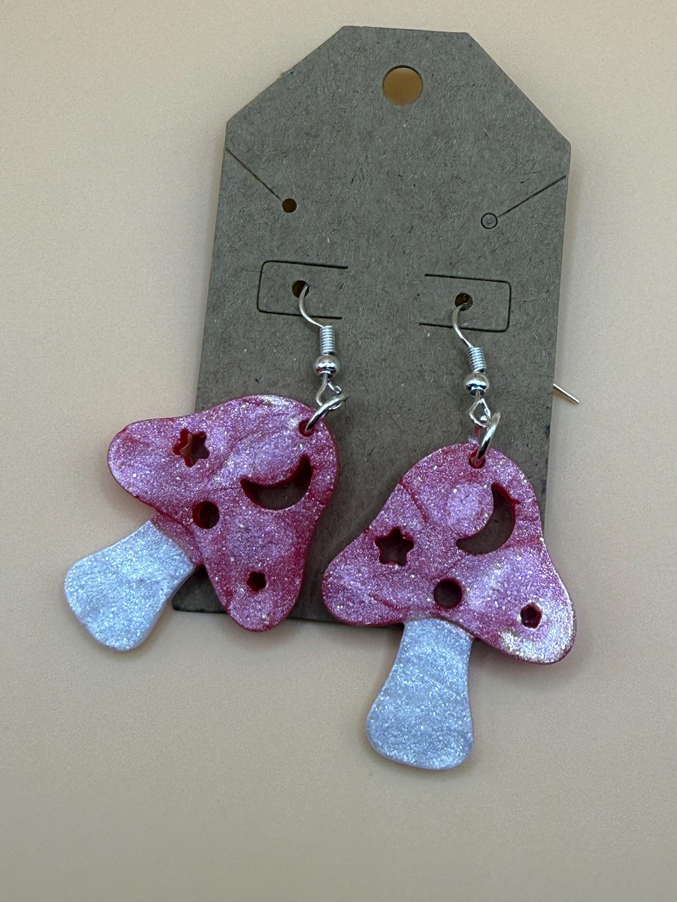 Red Glitter Mushroom Earrings with Celestial Cutouts – Whimsical Resin Jewelry